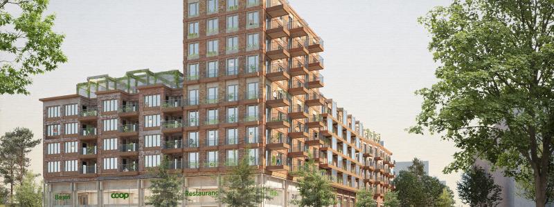 I Årsta ska SKB bygga en ny fastighet i trä, natursten och återvunnet material. Illustration: SKB / Kjellander Sjöberg