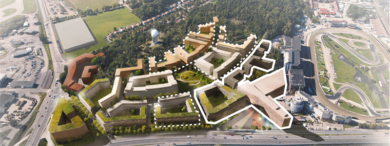 Volymskiss över Solvallastaden. Förvärvade byggrätter 2018 inom streckad linje och det nyligen genomförda förvärvet inom heldragen linje. Bild framtagen av White & ETTELVA Arkitekter.
