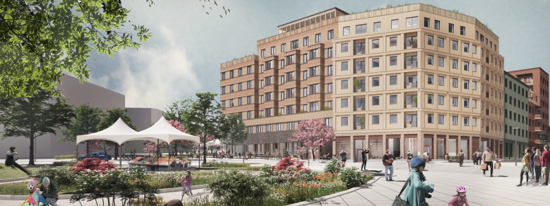 Järfälla kommun har kravet att kvarteret ska bli stadslikt. Ett annat krav, och som grundar sig på hållbarhetstänk, är använda stomkonstruktioner i trä. Bild: Witte Sundell Arkitektstudio