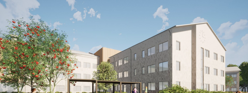 Ny skola Fredriksdal skolgård. Visualisering: Archus Arkitekter
