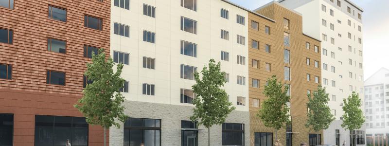 70 nya bostadsrätter, med planerad säljstart 2024/25, utvecklas i simhallskvarteret i Partille Port. Illustration: Norconsult.