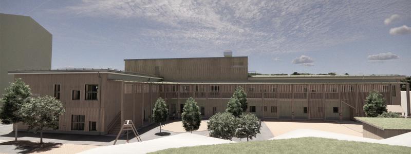Bergfotens förskola i Tyresö, vy från gård. Pressbild: AIX Arkitekter