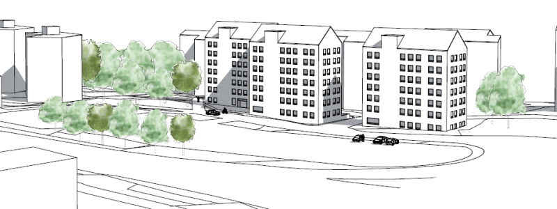 Illustration över södra Bergshamra. Pressbild: Bergkrantz Arkitektur