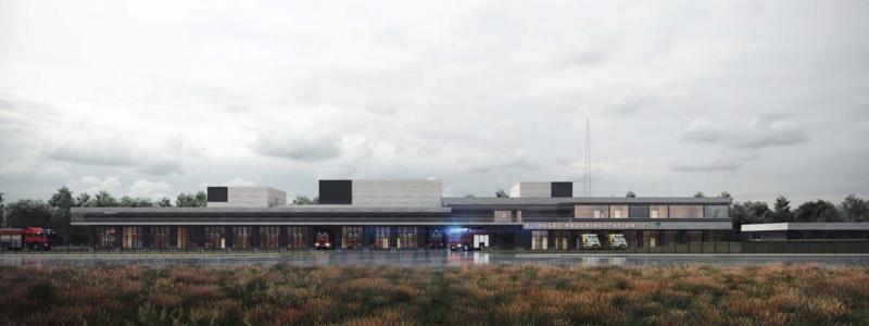 Den nya räddningscentralen i Alingsås samlar räddningstjänsten samt ambulansverksamheten i Alingsås och Vårgårda 
kommuner under ett och samma tak. Illustration: Liljewall arkitekter