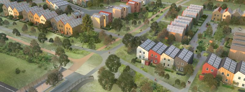 Vy från luften av bostadsområdet Östra Ramlösa. Till vänster i bild finns en gång och cykelbro. En bit in i bilden ser man ett stort antal radhus i olika färger. Illustration:  
Helsingborgs stad i samarbete med arkitektkontoret Warm in the Winter