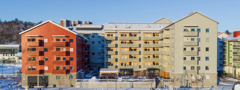 Norra Kajen, Sundsvall – Omvandling från träindustri till modern bostadsoas. Certifierade enligt Miljöbyggnad Silver. Foto: Rockpanel