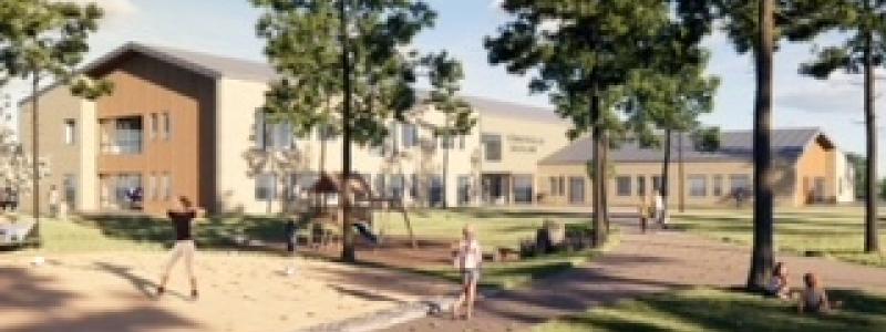 Tångvalla skolområde i Skanör beräknas stå helt klart under första halvan av 2026. Foto: Chroma Arkitekter