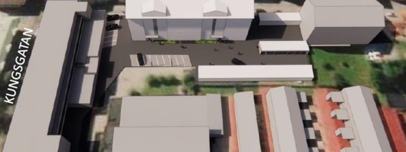 Bilden visar en skiss över var huskroppen kan placeras på HSB:s befintliga fastighet. Foto: HSB