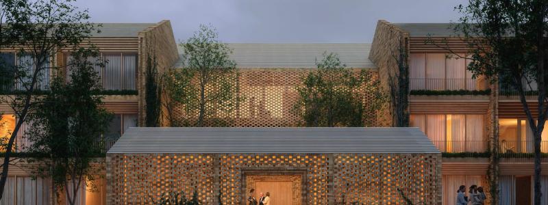 Visualiseringar visar hur Sankt Lukas Hospice byggs som en by i skogsmiljö, med återbrukat tegel och trädgårdsrum mellan byggnaderna. Foto: Bjarke Ingels Group (BIG).