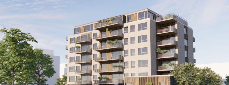 Illustration över Riksbyggens bostadsprojekt i Rydebäck huset. Pressbild: Riksbyggen