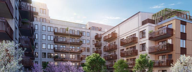 Vy över innergården i Brf Rosendals Trädgård. Foto: 3DVision