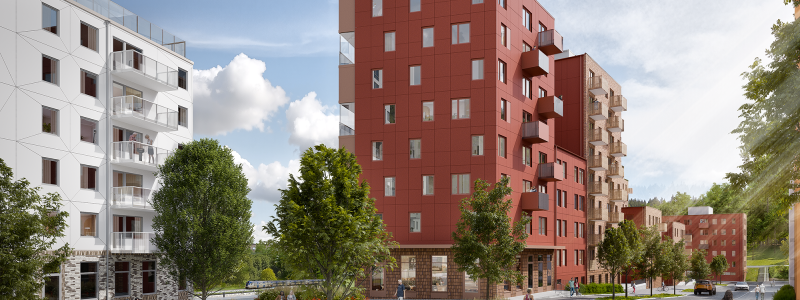 Visionsbild torget vid det nya bostadsområdet vid campus Flemingsberg. Av: Kirsch+Dereka Arkitekter