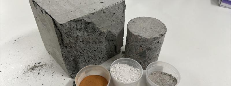 Olika typer av bindemedel: lera, slagg och cement intill en betongkub som har testats för tryckhållfasthet. Foto: RISE
