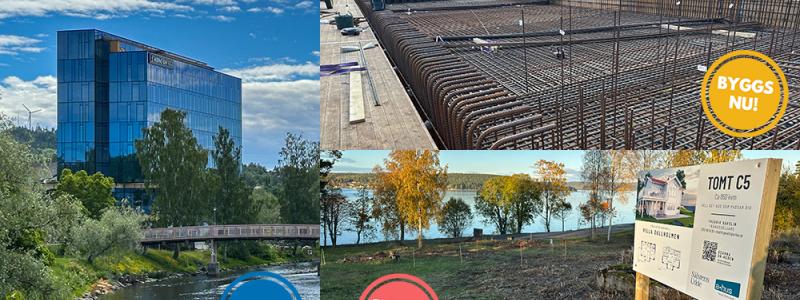 Hernö Gin Hotell invigdes i februari 2025, Nybron ska stå färdig sommaren 2026 och det nya bostadsområdet Sälstens udde börjar preliminärt byggas under 2026. Pressbild: Collage av Härnösands kommun