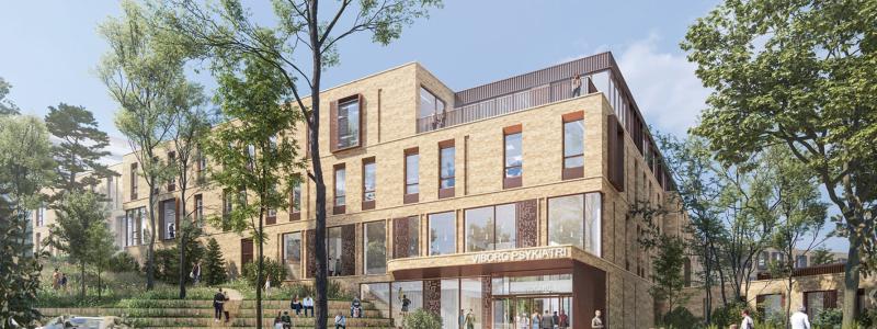 LINK Arkitektur vinner arkitekttävling om nytt psykiatriprojekt i Danmark. Illustration: Kumulus Agency/LINK Arkitektur.