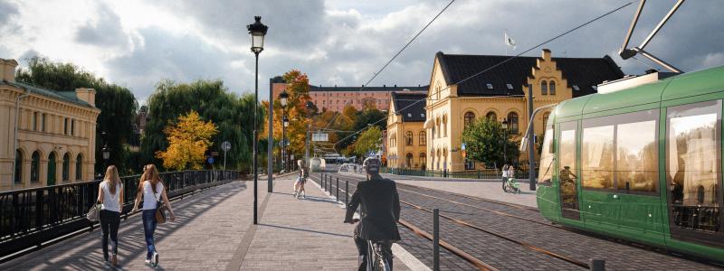 Så här kan det se ut med spårväg över Islandsbron 2029. Visionsbild. Illustration: White arkitekter
