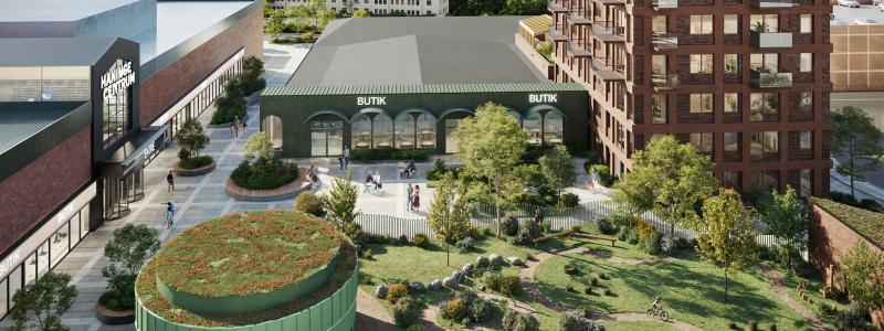 Visionsbild för nytt entrétorg vid Haninge Centrum. illustration av: Equator Arkitekter