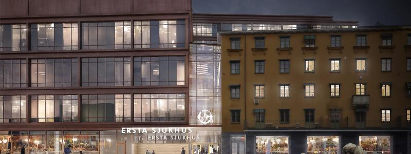 Ersta nya sjukhus byggs i anslutning till befintliga sjukvårdsbyggnader på Södermalm. Bild: Nyréns Arkitektkontor