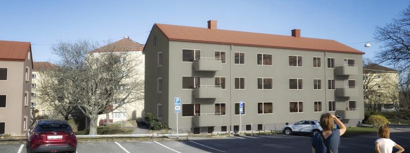 Bild på hur husen på Märlspiksgatan kommer se ut efter renovering. Illustration: Norconsult