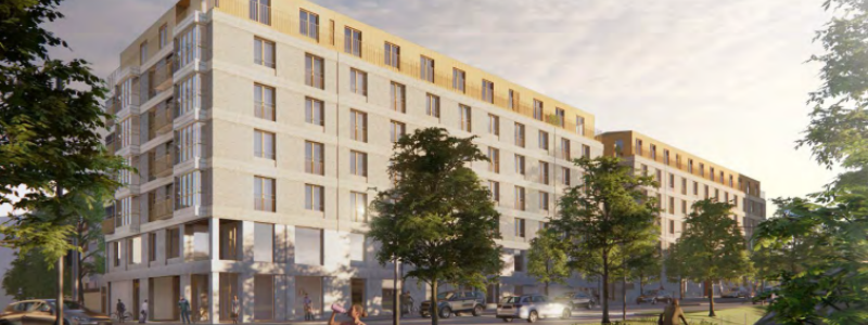 Vy från nordväst mot Huvudstagatan/Hannebergsgatan. Illustration: White arkitekter