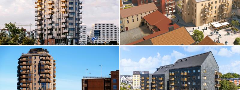 Finalister till Allmännyttans bästa bygge 2026 (överst från vänster): Kvarteret Omställningen (Framtiden Byggutveckling/Poseidon), kvarteret Hållstugan (Örebrobostäder), Godisfabriken (Gavlegårdarna) och kvarteret Droppen (Granitor).
Fotocollage: Helene Ahlberg