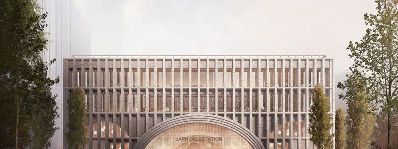 Nytt stationshus östra fasaden. Illustration: Reiulf Ramstad Arkitekter.