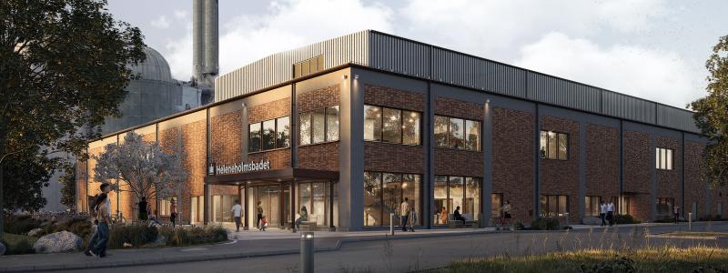 Byggnaden får fasader av tegel och betong, och taket täcks av plåt. Materialvalen har inspirerats bland annat av områdets industribyggnader med sitt robusta, röda tegel, och Munkhätteskolans plåtinklädnad. Bild: Liljewall Arkitekter