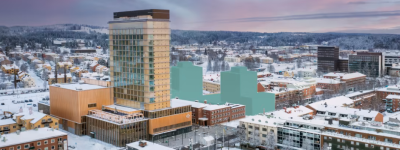 HSB brf Polaris byggs i centrala Skellefteå, granne med Sara kulturhus och med Torget. Foto: HSB