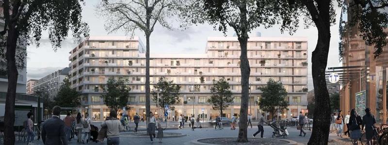 Renderad bild över kvarter Atlas och Sveatorgets tunnelbaneuppgång, bild:Oevis.