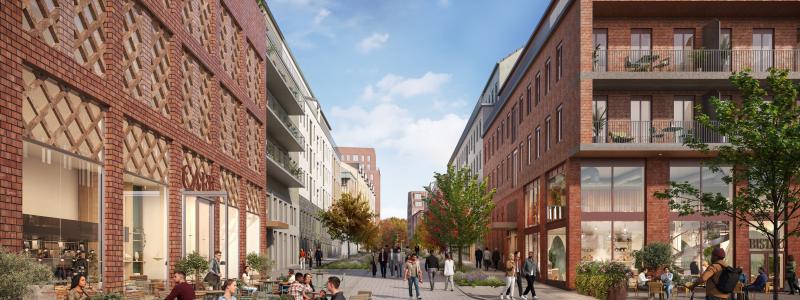 Mittstråket, med Väsby centrum i ryggen och i riktning mot Vilundaområdet. Här, bland hundratals bostäder, skapas ett bilfritt mittstråk för fotgängare med livfull karaktär och variation av grönska med stora träd.

Visionsbild: Arkitekt Equator, visualisering av Walk the Room