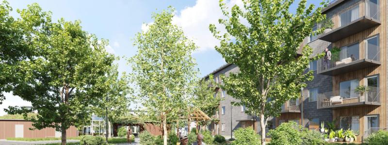 Illustration av innergård, SilviaBo Skrabelycke i Mariastaden, Helsingborg. Foto: Boklok