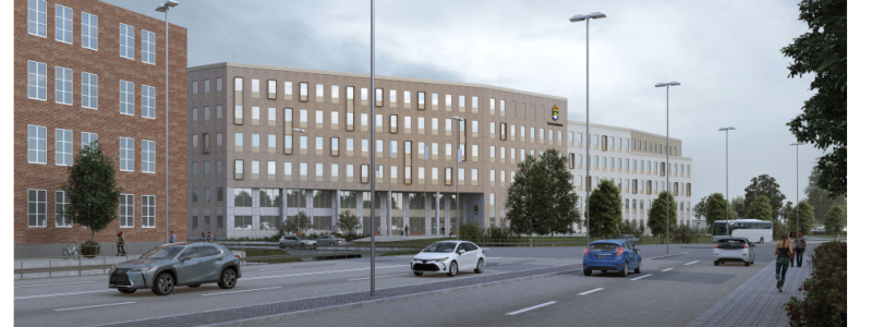 Kriminalvårdens nya byggnad från Björnövägen. Beslut om bygglov togs på dagens byggnadsnämnd. Illustrationen visar hur byggnaden kan komma att se ut. Illustration: AG Arkitekter