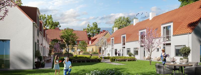 Visionsbild från GBJ Bygg. De nya husen ska se ut ungefär som det gamla, så att hela området får en enhetlig stil.  Pressbild: Kävlinge kommun