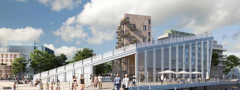 Den kommande kajbyggnaden förväntas bli en central del av områdets skyline när Norrköpings stora stadsomvandlingsprojekt tar form. Illustration: Nyréns Arkitektkontor