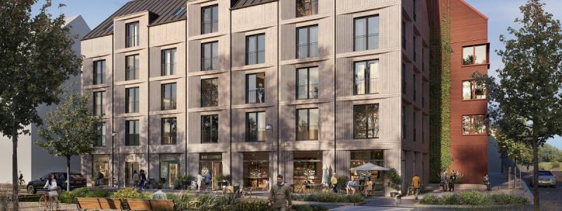 Hökerum Byggs hus Södra Ladugårdsängen i Örebro med vy från park. Foto: Hökerum Bygg