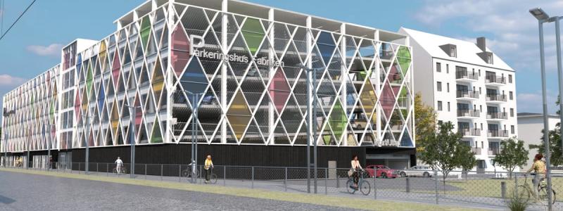 Illustration av parkeringshuset Kvarteret Fabriken
