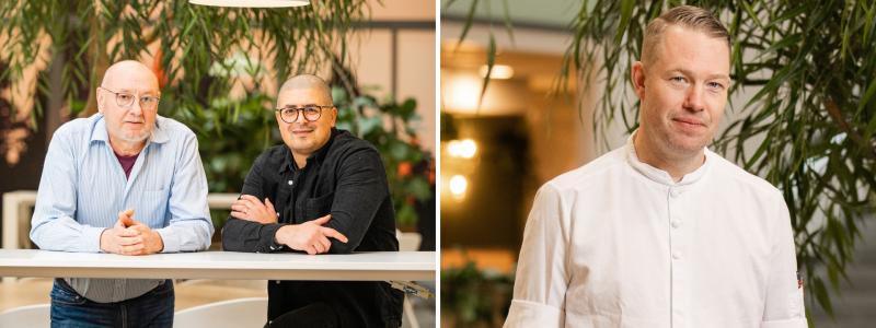 Från vänster i bild Jan Larsson, projektledare för kyla- och värmelösningar på Wihlborgs och Hassan Mahdi, förvaltare på Wihlborgs, samt Johannes Widén, platschef på Bricks Eatery, har engagerat sig i att minska energianvändningen i Bricks.