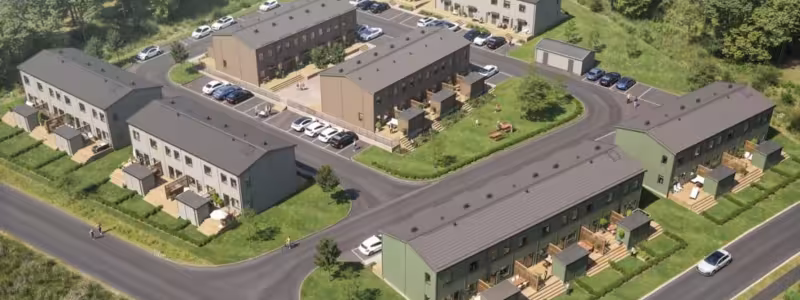 Bostadsbyggaren Surewood Housing planerar att uppföra 38 radhus för uthyrning i området Finnebäck i Karlskoga. Pressbild: Norrlandsfonden Bostadsfinansiering AB