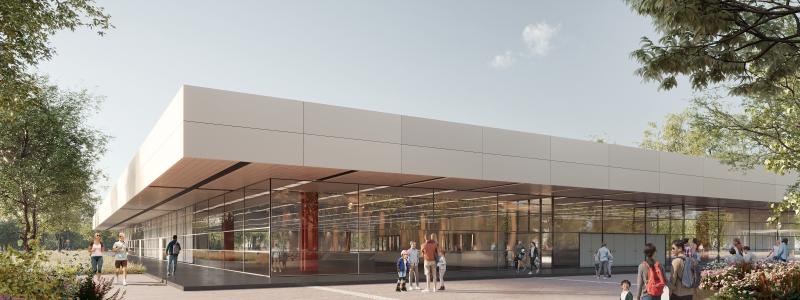 Landskrona idrottshall, ritad av Arne Jacobsen, ska rustas upp samtidigt som de arkitektoniska kvaliteterna ska behållas. Visionsbild: Krook och Tjäder