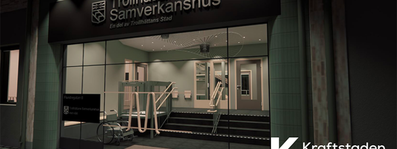 Visionsbild på fastighet med entré. Pressbild: Trollhättans stad - Kraftstaden Fastigheter