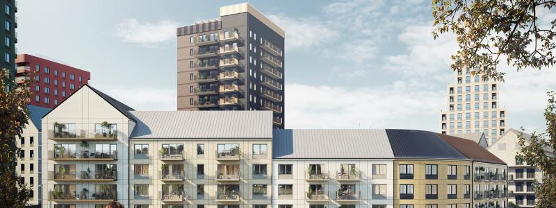 I sommar står 189 hyresrätter redo att välkomna nya hyresgäster till Kallebäcks Terrasser. Lägenheterna förmedlas via Wallenstams egen bostadskö och i veckan genomfördes en uppskattad och populär visning på plats. Foto: Wallenstam