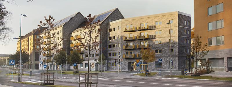 terbrukat skiffer bidrar till halverad klimatpåverkan i kvarter Omställningen. Illustration: Liljewall