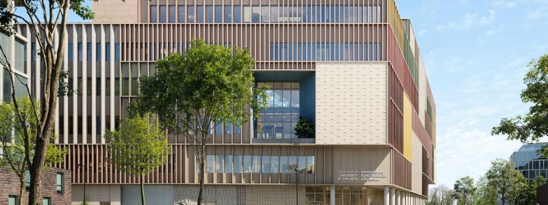 Det första spadtaget har tagits för Stockholms konstnärliga högskolas nya campus i Slakthusområdet.  Av: Atrium Ljungberg / 3XN Arkitekter / AIX arkitekter