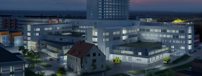 Den nya vårdbyggnaden E62, som omfattar 45 000 kvadratmeter med nya vårdlokaler. Vid sjukhusets nya huvudentré kommer byggnaden inrymma bland annat akutvård, förlossning och hjärtintensiv.