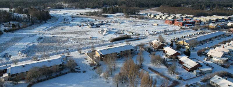 Översiktsbild av området där BoKlok nu bygger ytterligare 40 bostadsrättslägenheter, södra Gunsta, Uppsala.