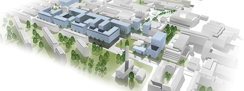 Volymmodell som visar möjlig utbyggnad inom planområdet. Föreslagen bebyggelse i blått. Skiss: Liljewall arkitekter