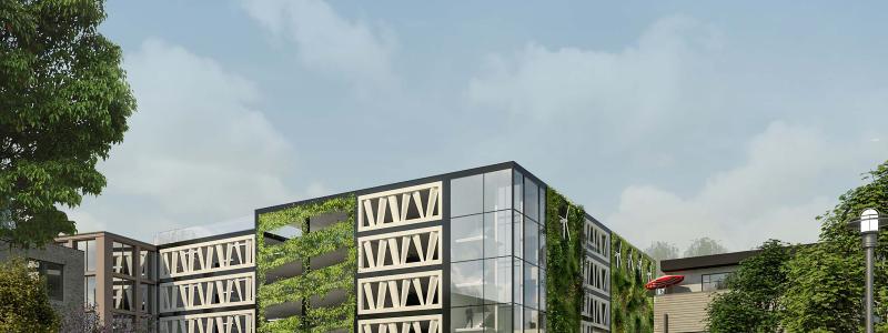 LKPs nya parkeringshus Niels Bohr med fasad av återbrukade vindkraftsvingar. Pressbild: LKP