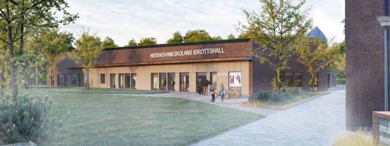Gestaltningsskiss av planerad idrottshall i kvarteret Pastor Svane 1. Illustration: View Arkiteker
