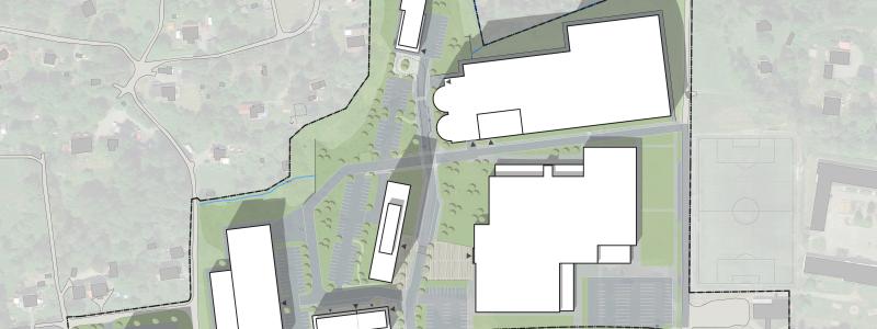 En översikt med en stor ishall närmast Härrydavägen i söder, ett stort parkeringshus i nordost. Ishallens entré vetter mot en inbjudande mötesplats och en hög hotellbyggnad. Andra byggnader är till för tillverkning och handel. Illustration: Härryda kommun