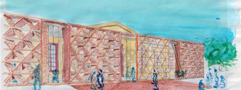 När ArkDes slår upp portarna den 14 juni välkomnas besökaren genom den historiska entrén från excercisplan inramad av en portal skapad av arkitekten Gloria Cabral. Foto: Gloria Cabral
